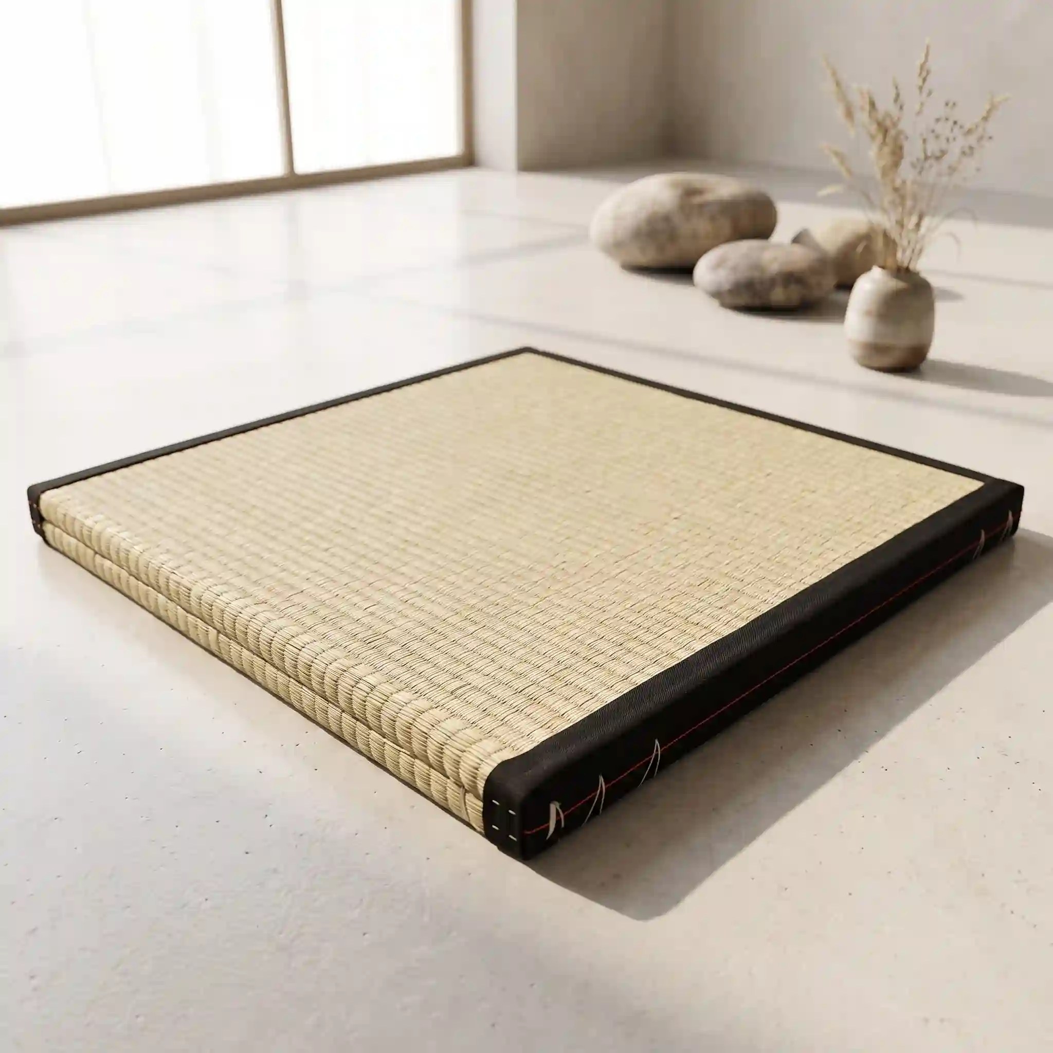 Japanese Square Tatami Floor Mat — Natural woven rush grass (igusa) with fabric heri border tatami mat